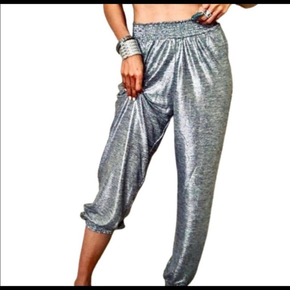 Anthropologie Pants - ANTHROPOLOGIE Abstract Metallic Silver Joggers LARGE